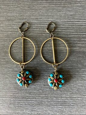 Brass Drop Earrings with Turquoise and Red Accents